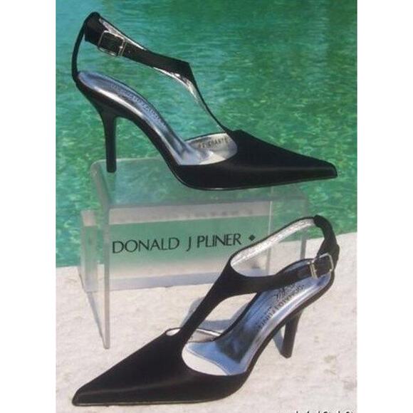 Donald Pliner Black Satin Leather Pump Shoe New T Strap Pointy Toe $350 NIB - Picture 4 of 4